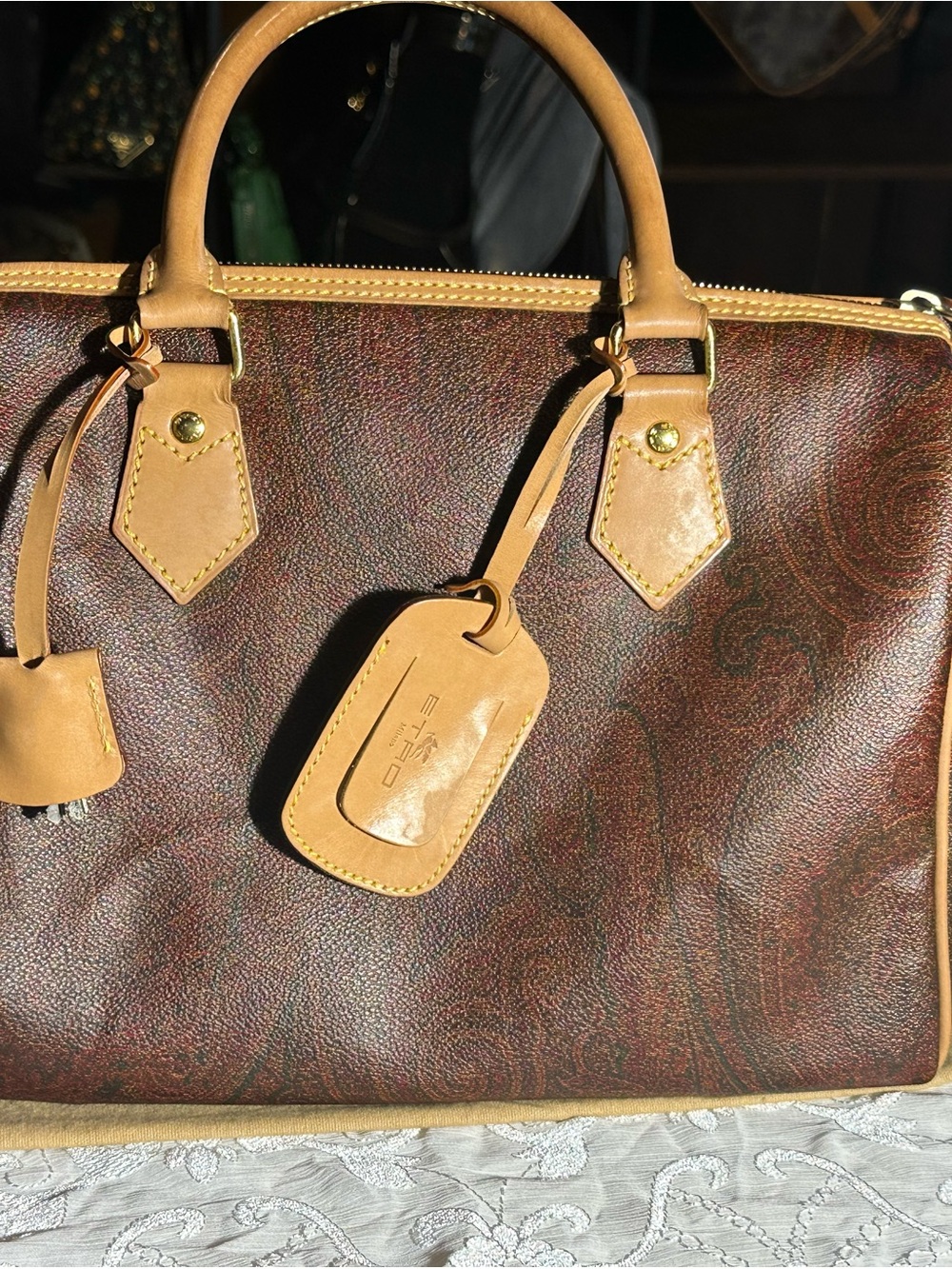 Etro Brown Paisley-Patterned Leather Satchel with Tan Trim